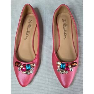 De Blossom Collection Pink Satin Flats w/Multicolor Rhinestones, Size 8, NWOT